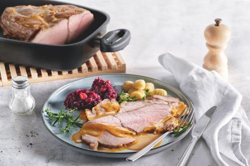 Roast Veal with Gnocchi and Gravy on Red Cabbage