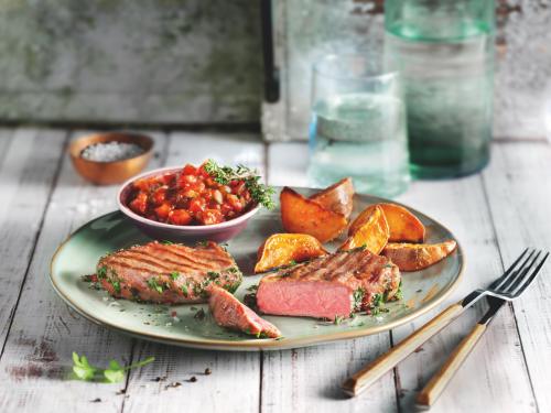 Veal Shoulder Fillet from the Grill with Sweet Potato Wedges and Salsa