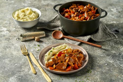Veal goulash Hungarian style with mashed potatoes