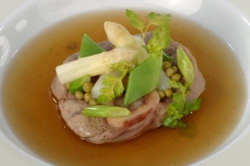 Veal shank soup with spring vegetables
